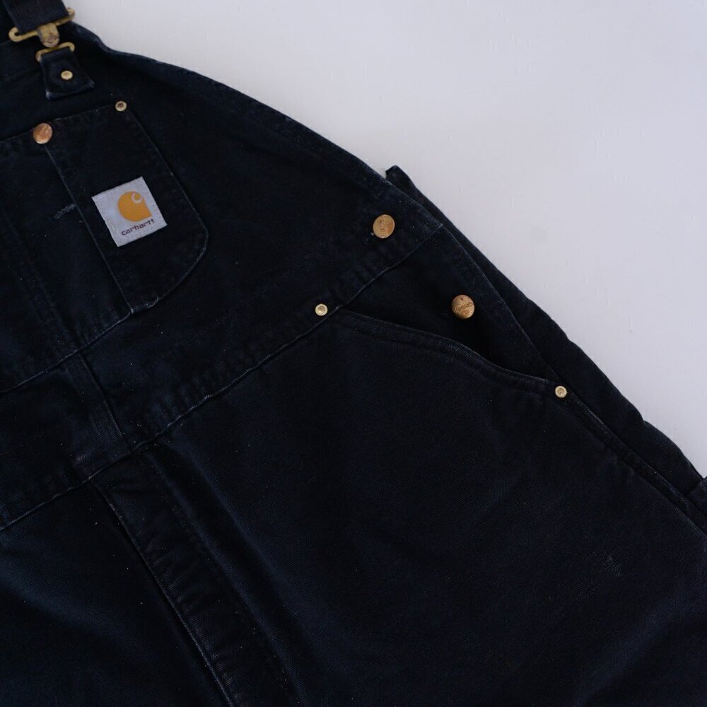 Vintage 80s Carhartt Black Distressed Red Quilt Lined Double Knee Overalls 44x30 - Picture 11 of 16